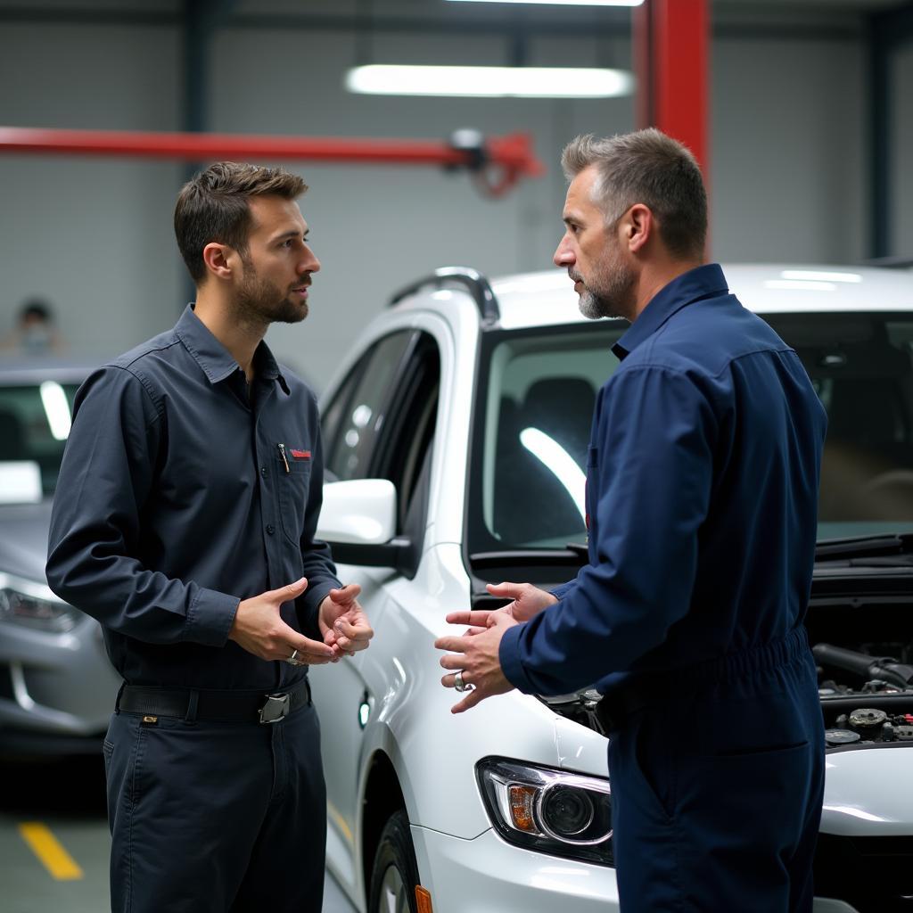 Mechanic explaining car issue to a customer