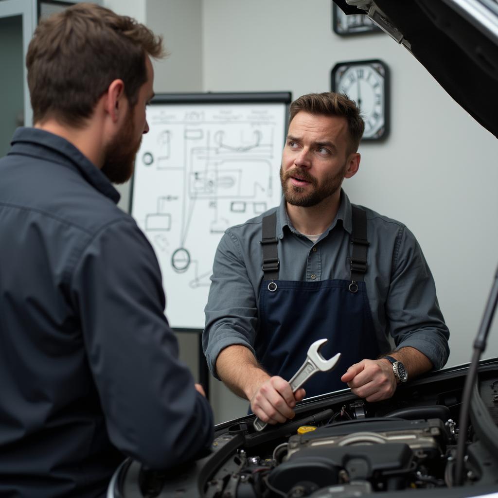 Mechanic explaining car issue to a customer