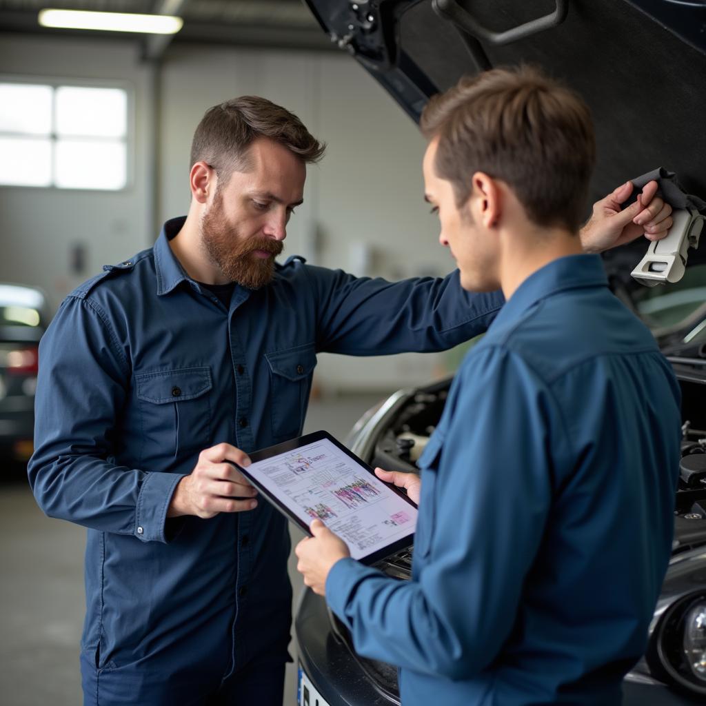 Mechanic explaining car problem to a customer