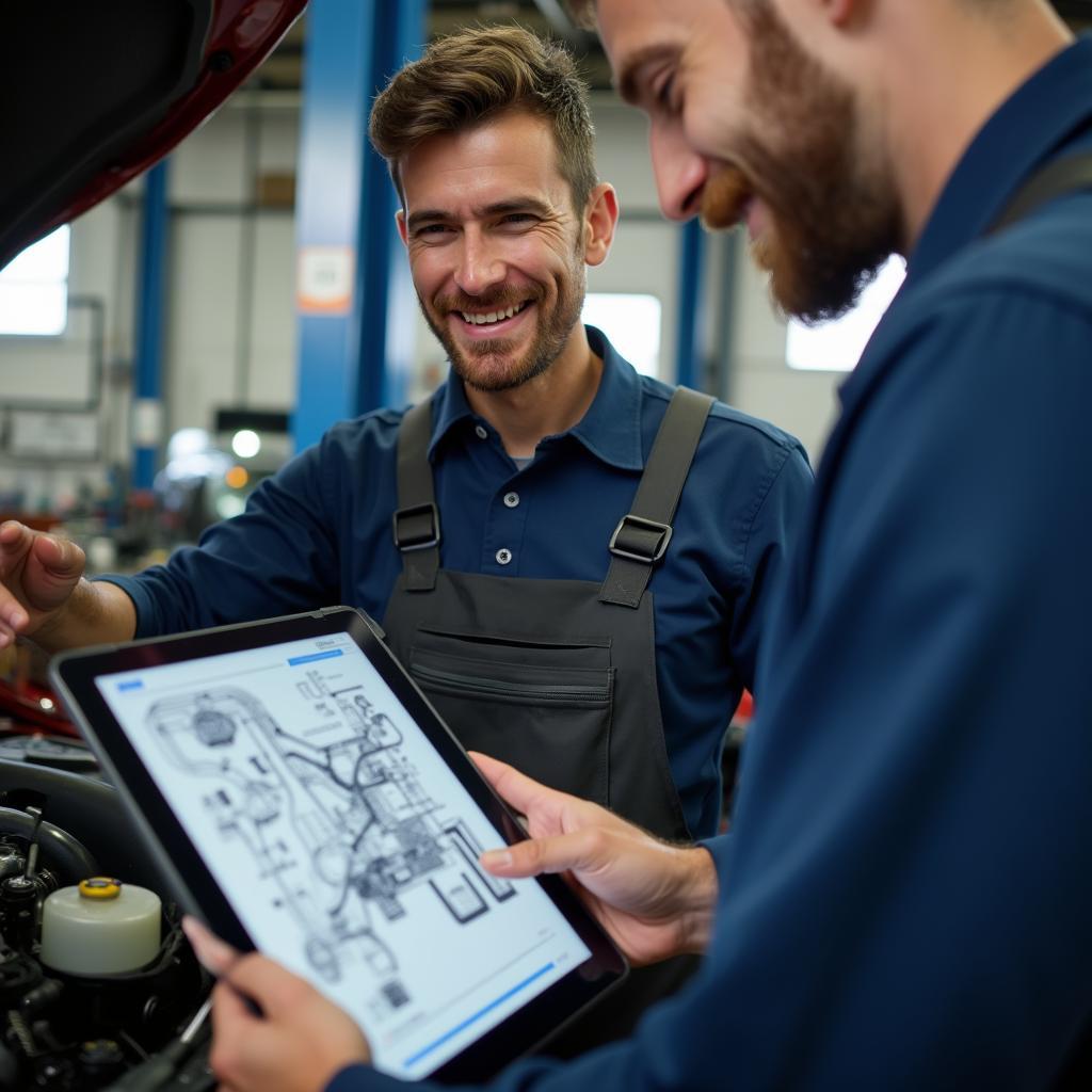 Mechanic explaining car issue to a customer