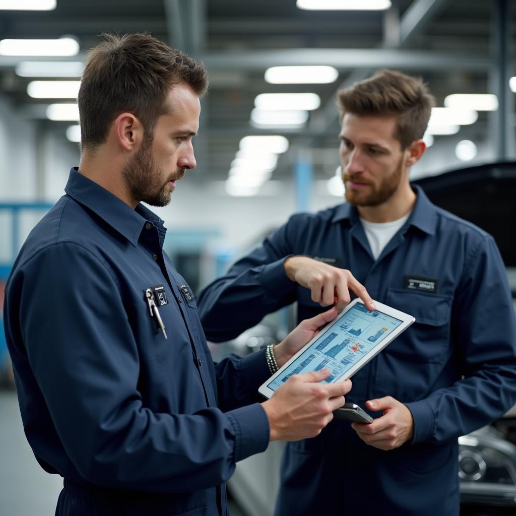 Mechanic explaining car issue to a car owner using a tablet