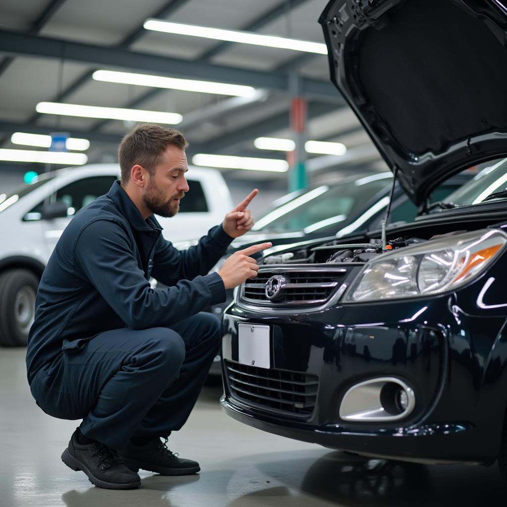 Mechanic explaining car issue to driver on a country road