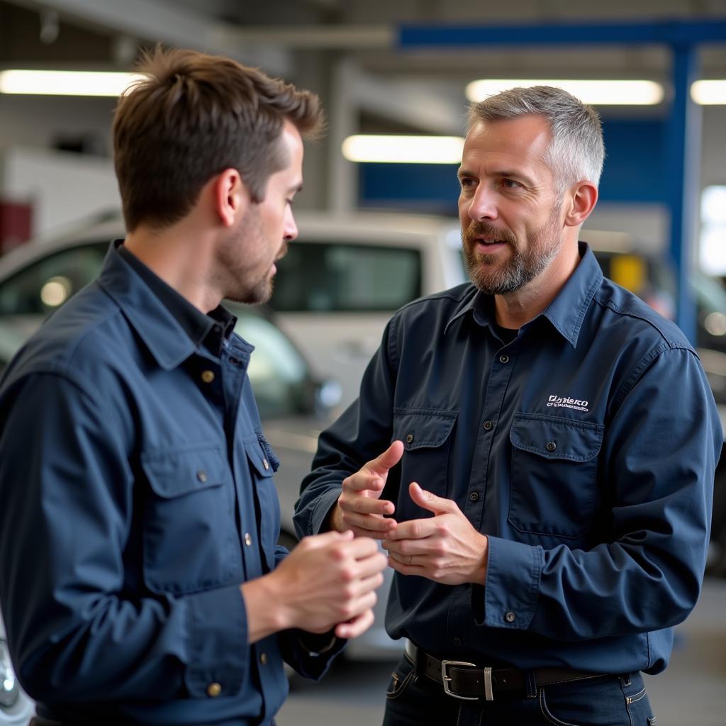 Mechanic explaining car problem to customer