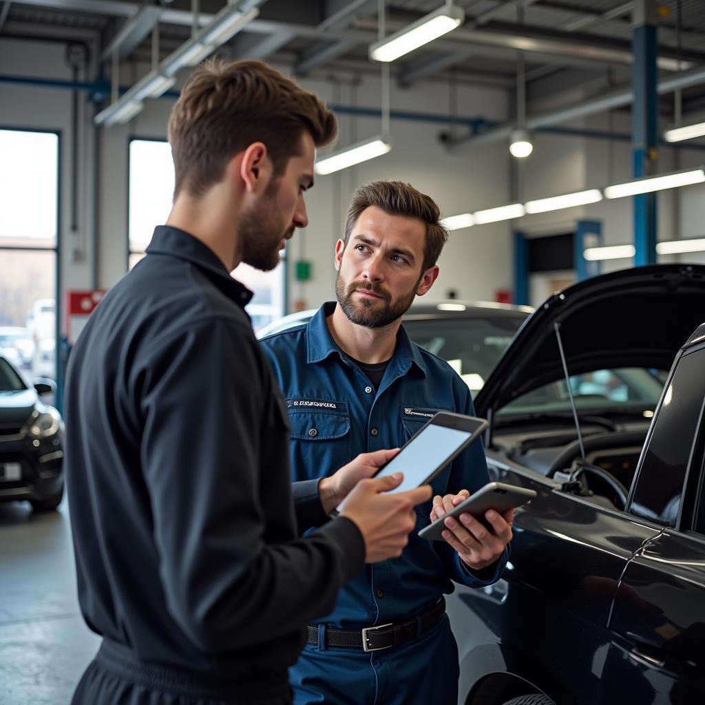 Mechanic explaining car issue to customer