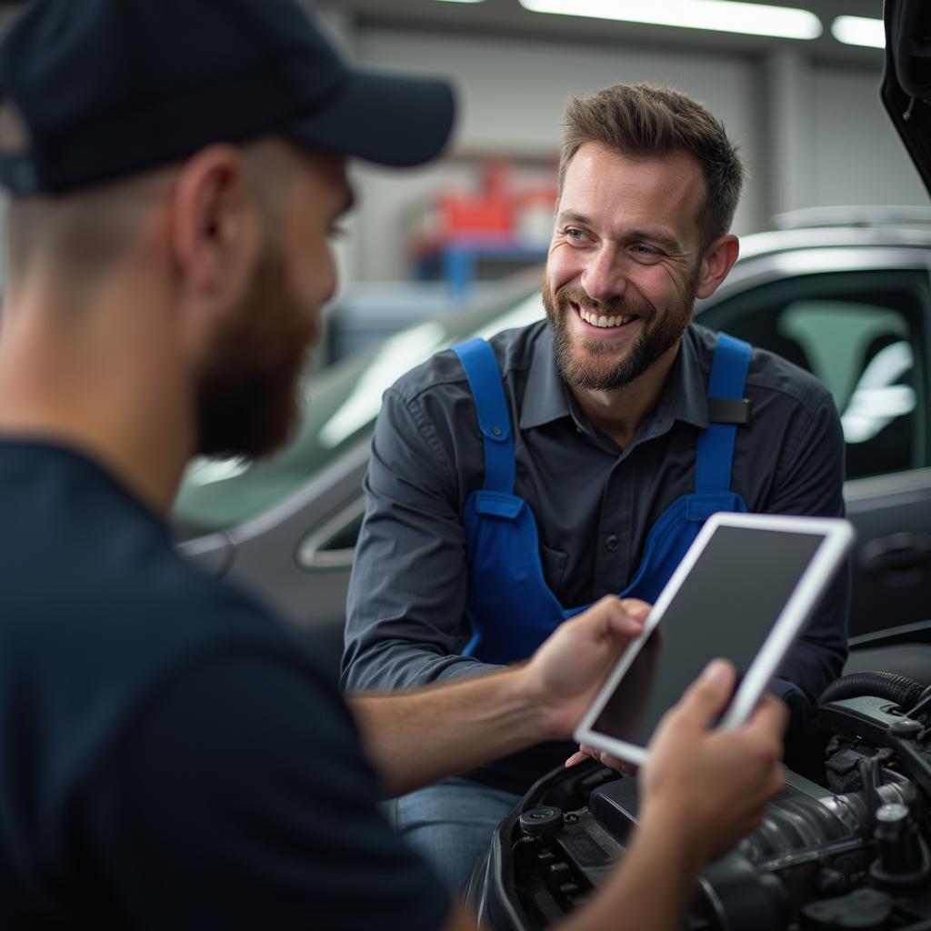 Mechanic explaining car issue to customer