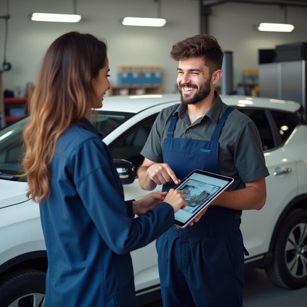 Mechanic explaining car issue to a customer using a tablet