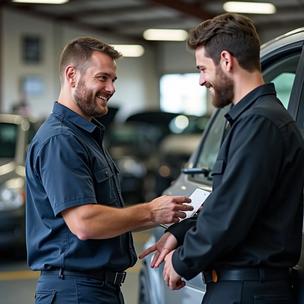 Mechanic explaining a car issue to a customer