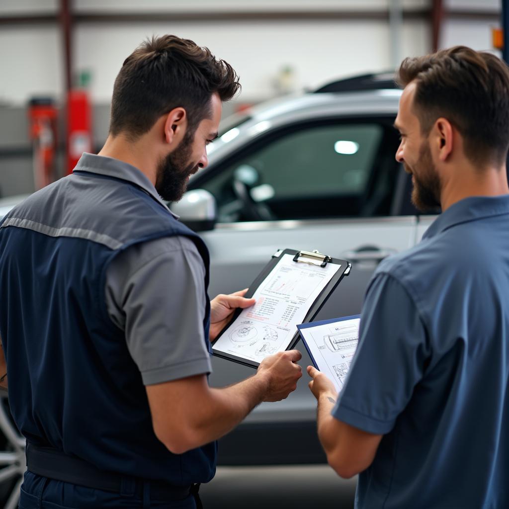 Mechanic explaining car issue to customer at a Park Ave auto service