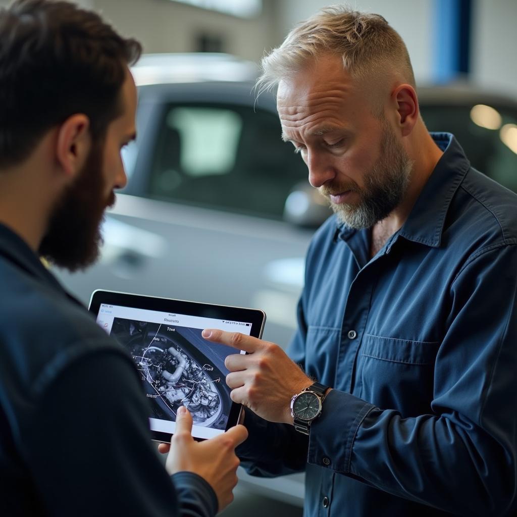 Mechanic explaining a car issue to a customer using a tablet