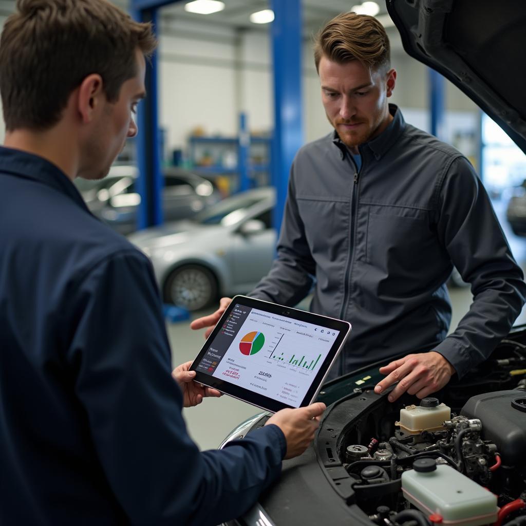 Experienced mechanic explaining a car issue to a customer using a tablet