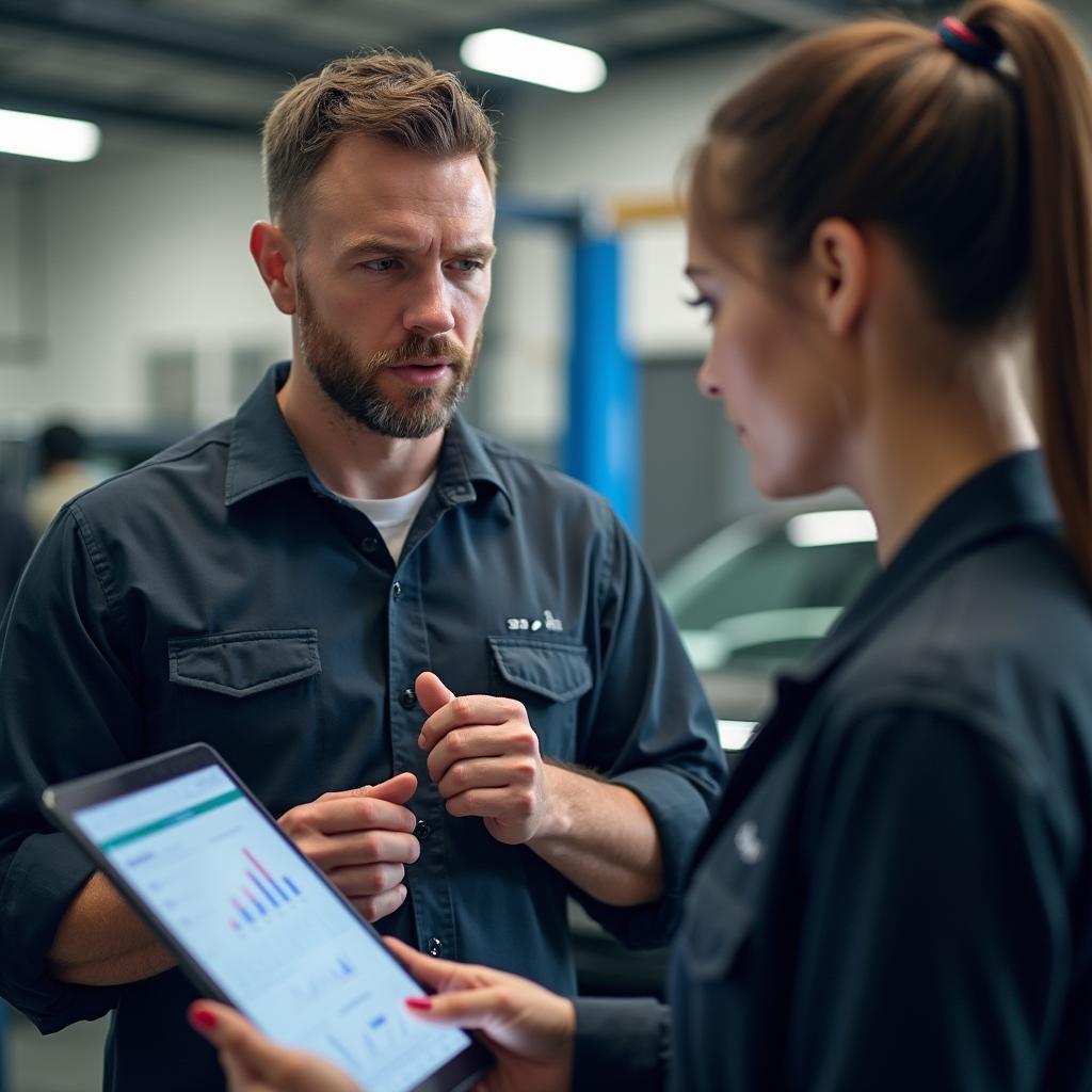 Mechanic explaining car problem to a woman