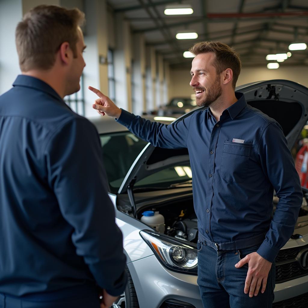 Mechanic explaining a car issue to a customer