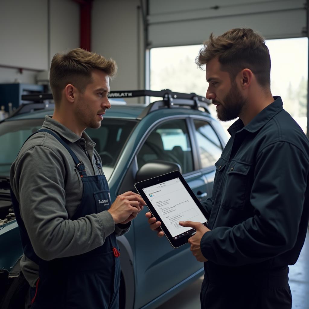 Mechanic Explaining Car Issue to Customer Using a Tablet