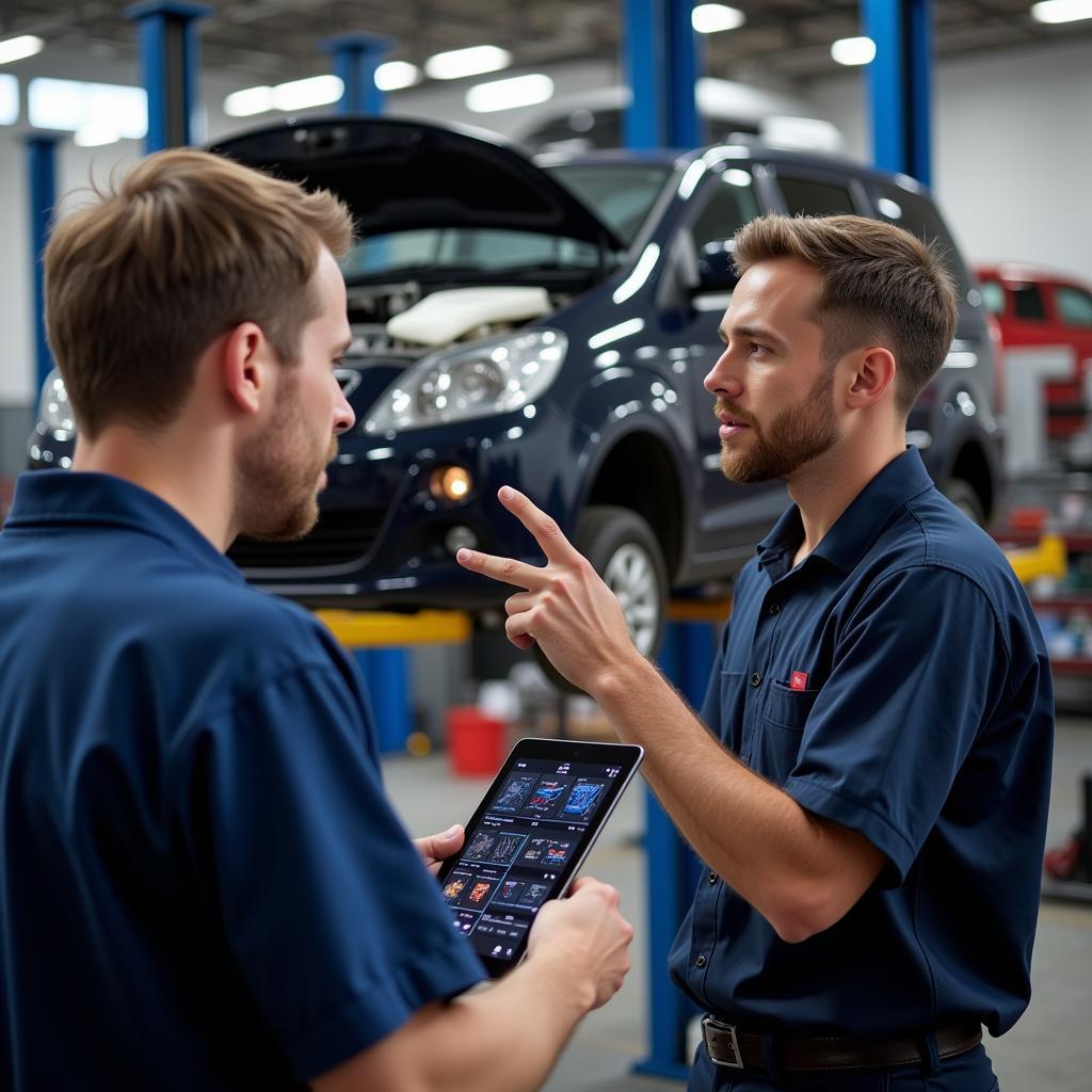 Mechanic explaining a car issue to a customer in a garage.