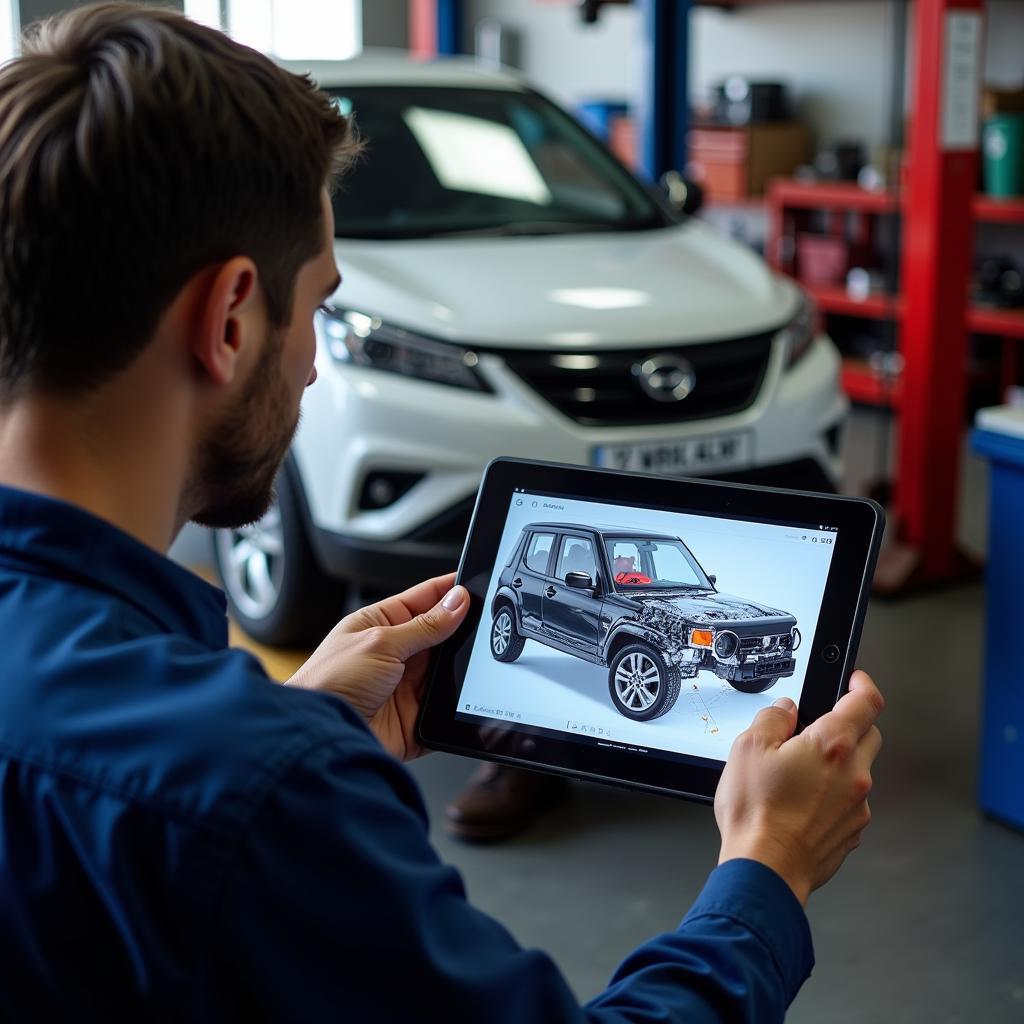 Mechanic using a tablet to explain a car issue to a customer.