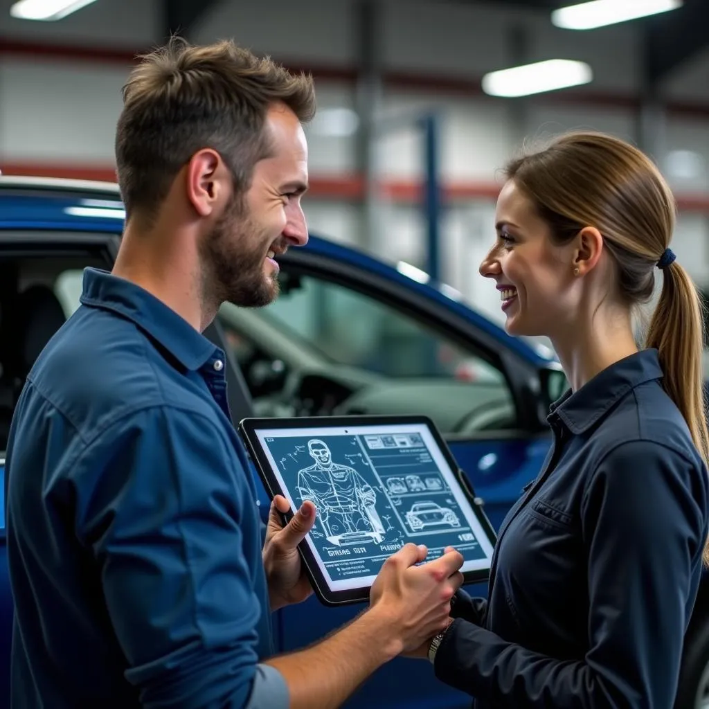 Mechanic explaining car issues using a tablet