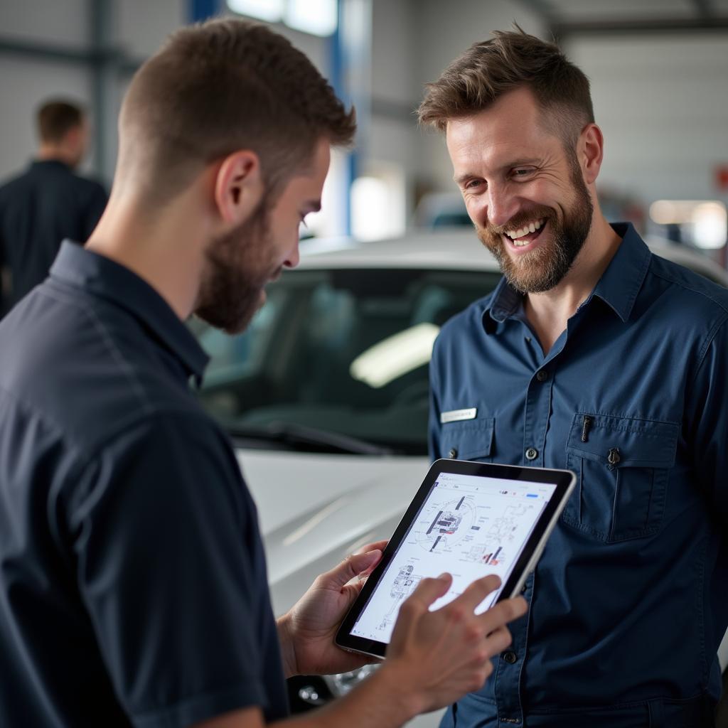 Mechanic explaining car issues to a customer