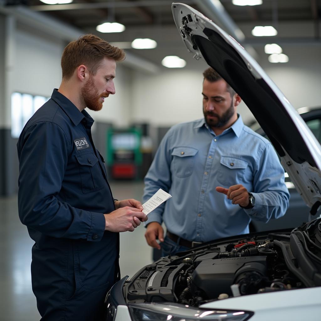 Mechanic explaining car problem to customer