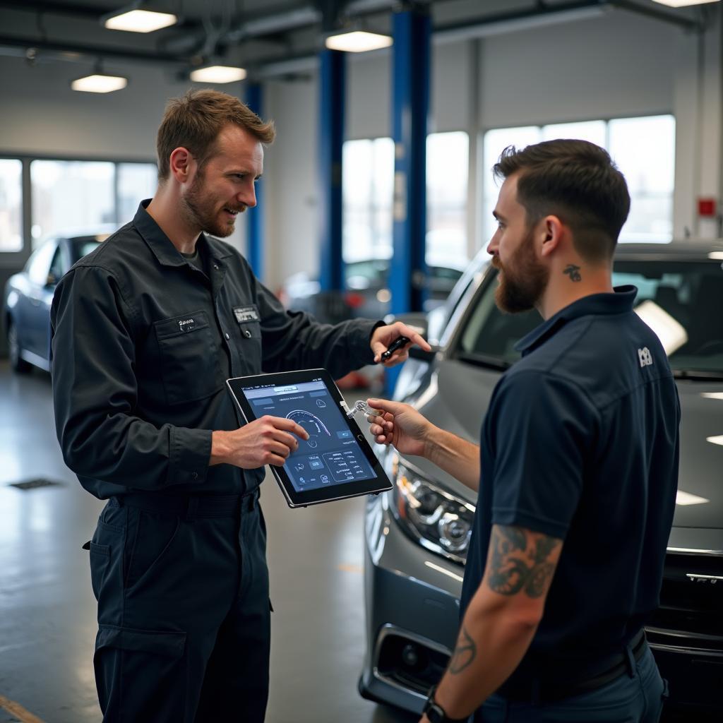 Mechanic explaining a car issue to a customer inside an express auto repair shop