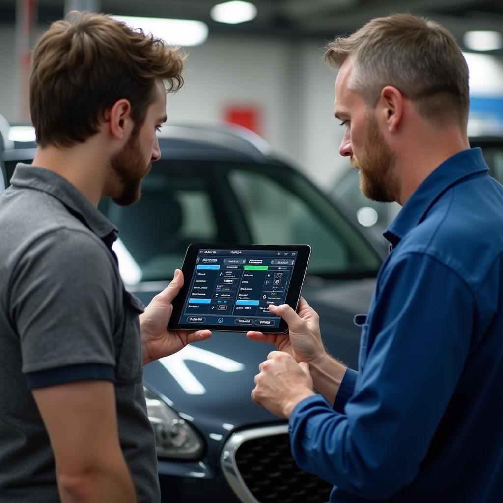 Mechanic explaining a car repair to a customer in Tulsa