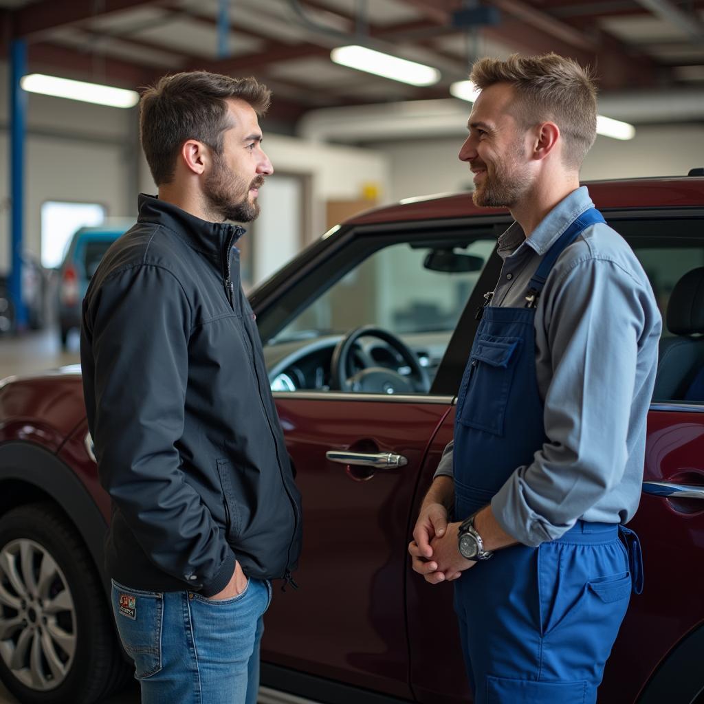 Mechanic explaining car repair to a customer in a rural shop