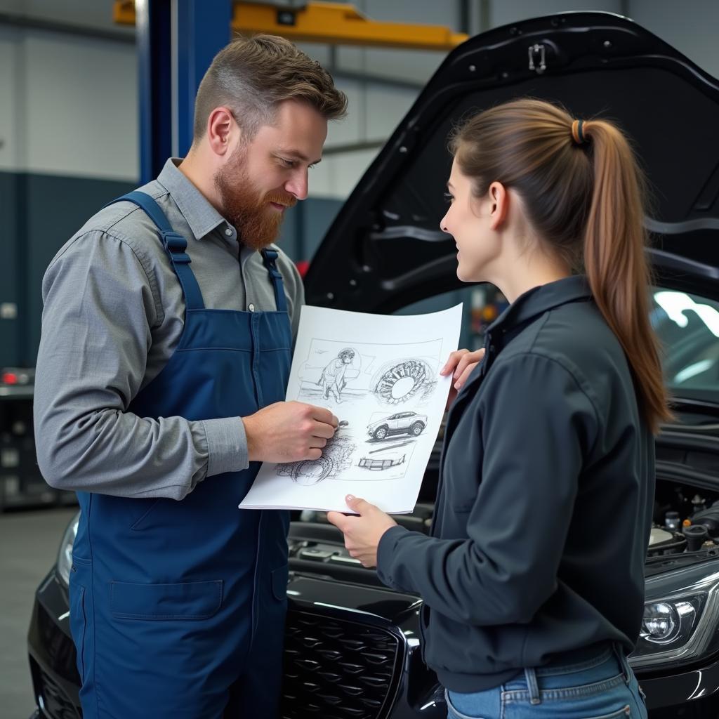 Mechanic explaining car repair to a customer