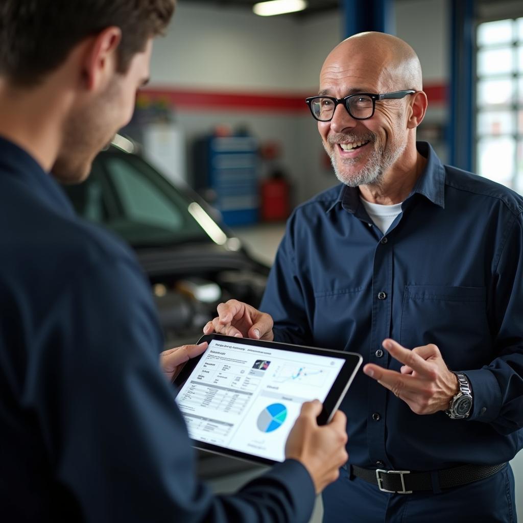 Mechanic explaining car repair to a customer