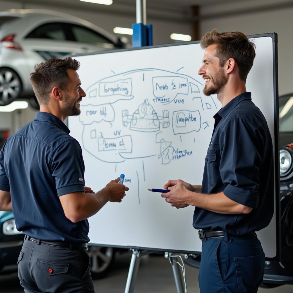 A mechanic explains a car repair to a car owner