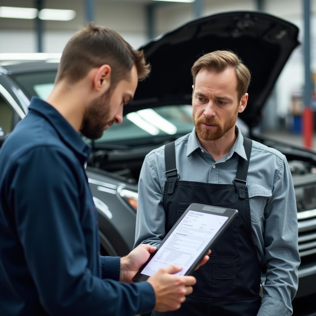 Mechanic explaining car repair to a car owner