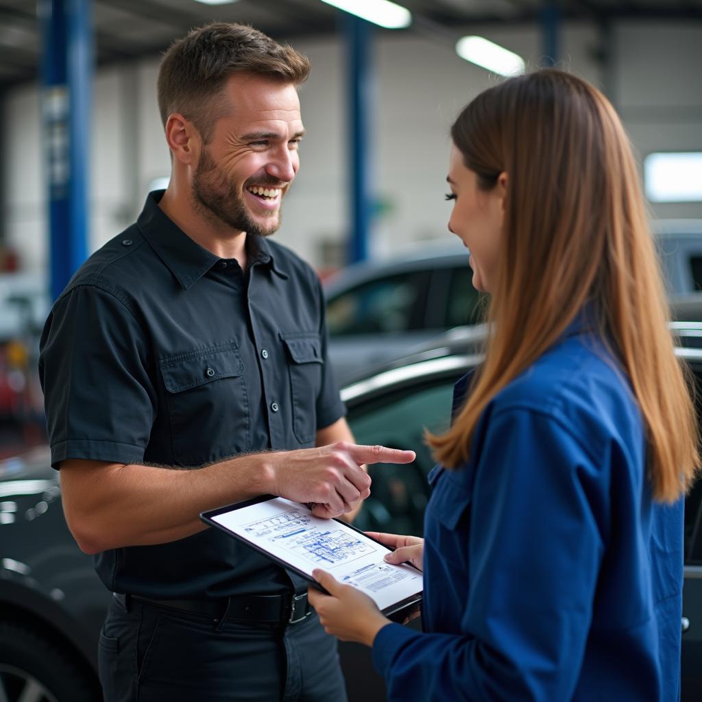 Mechanic discussing car repair with a customer