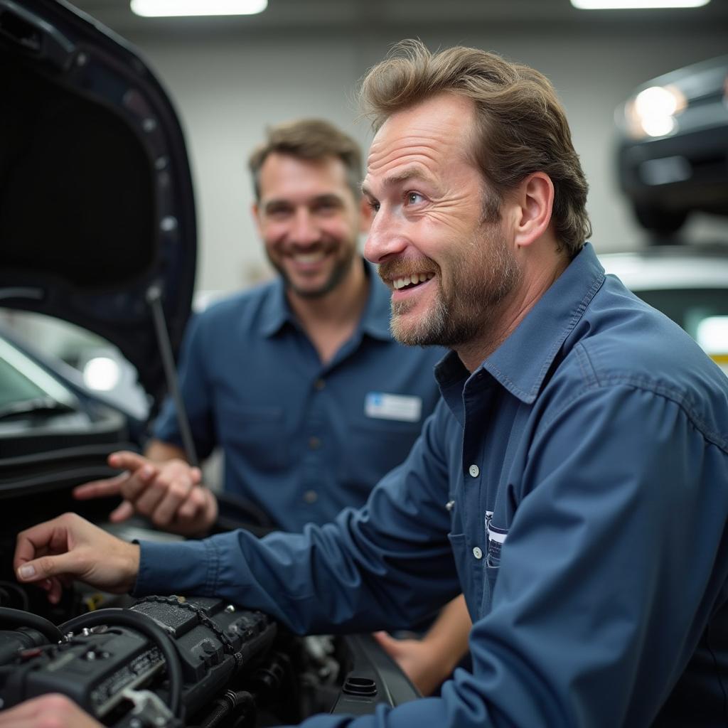 Mechanic explaining car repair to a customer