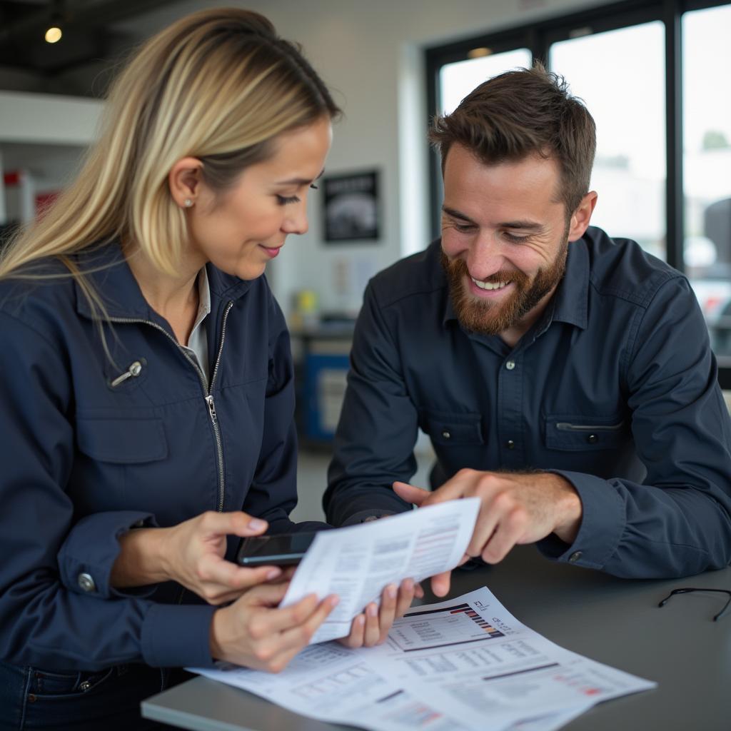 Mechanic explaining a car repair estimate to a customer