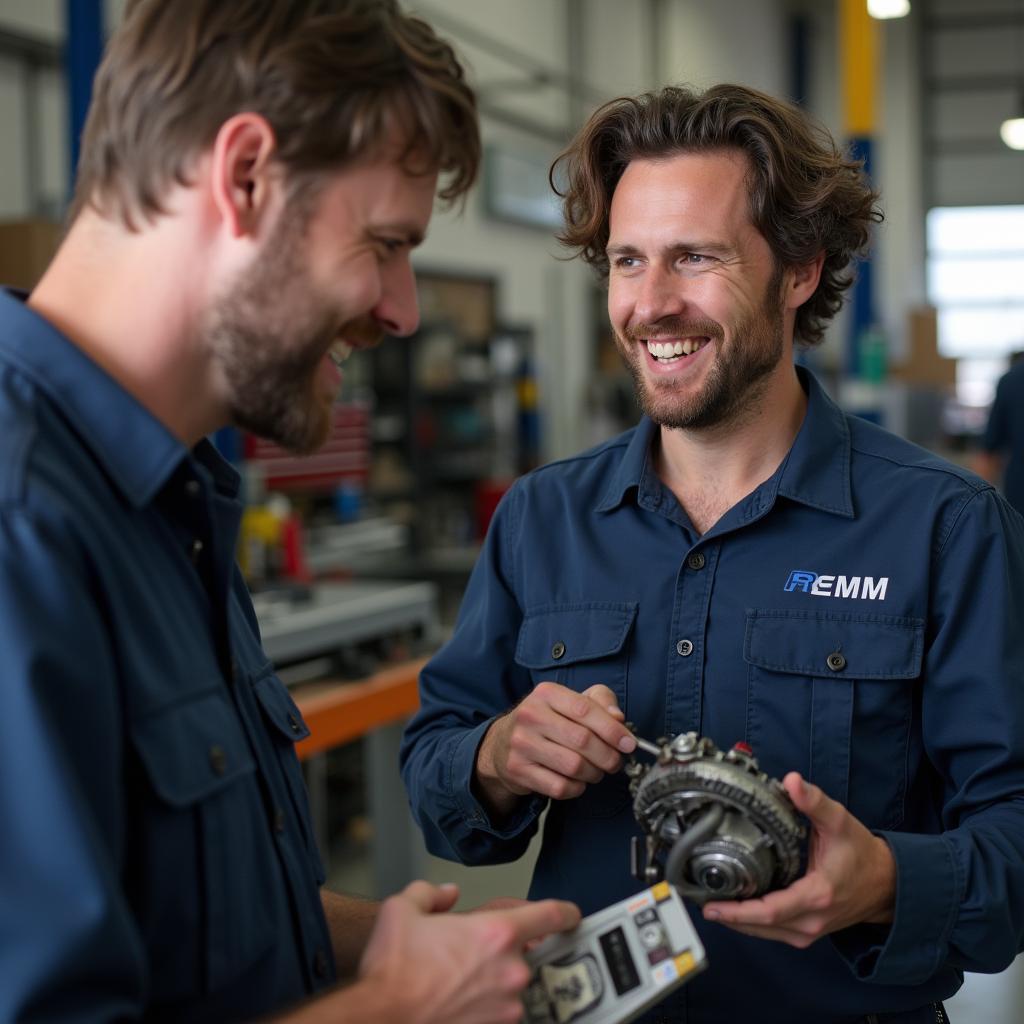 Mechanic explaining car repair to a customer in Lakewood