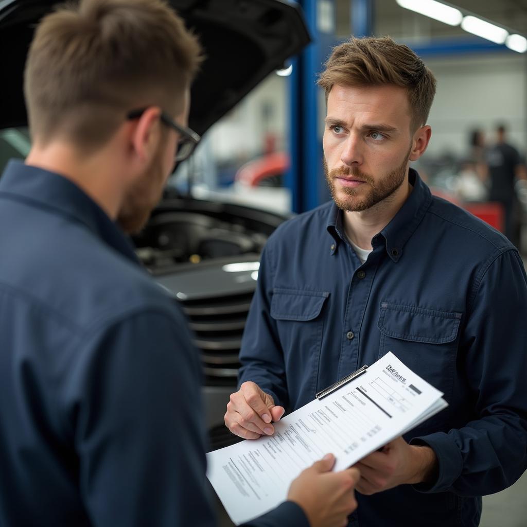 A mechanic explaining a car repair estimate to a customer in Maple Valley WA