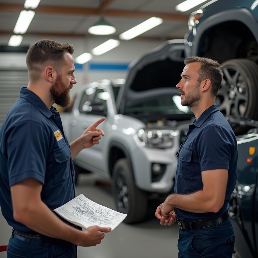 Mechanic explaining car repair in Oakhurst