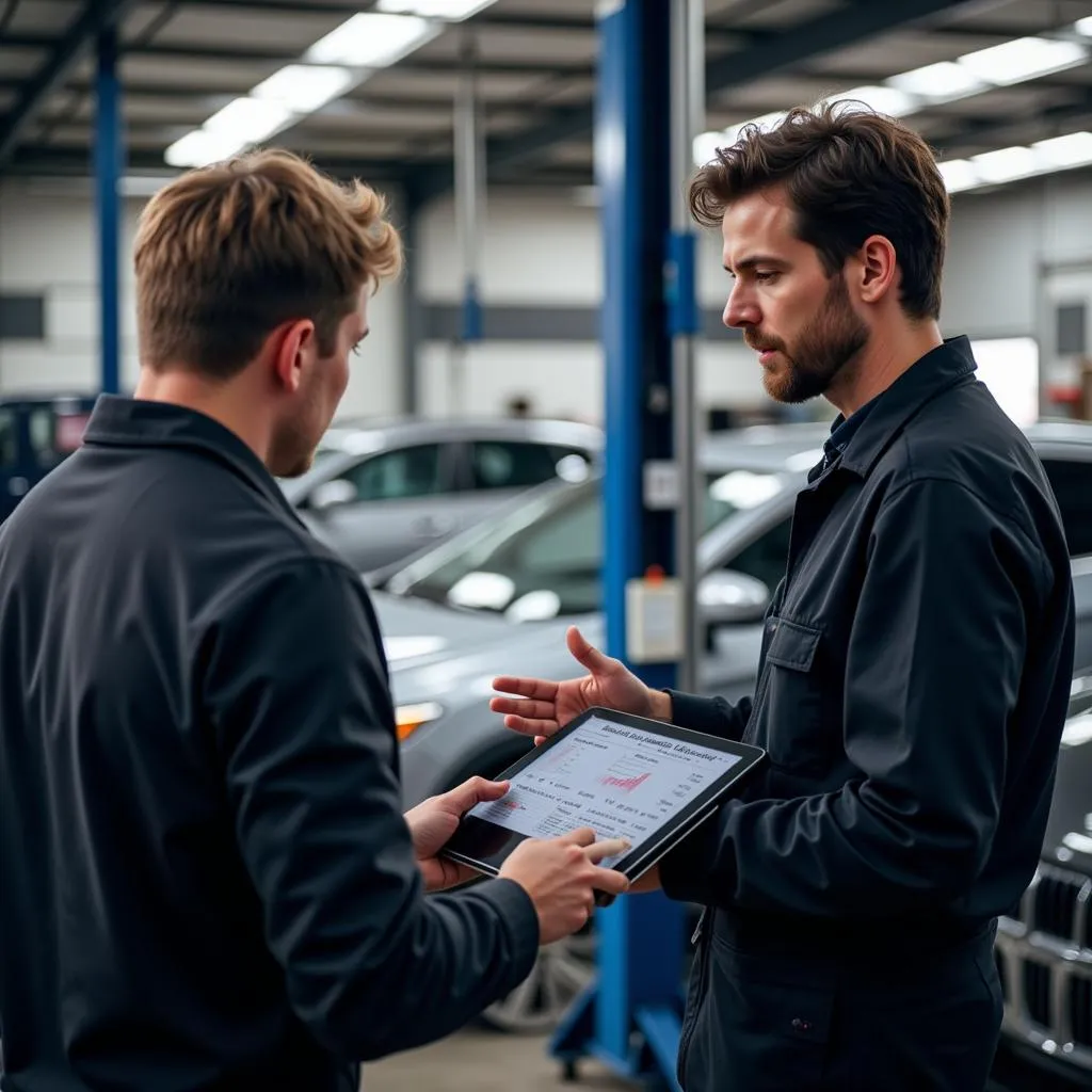 Mechanic explaining car repair to a customer using a tablet