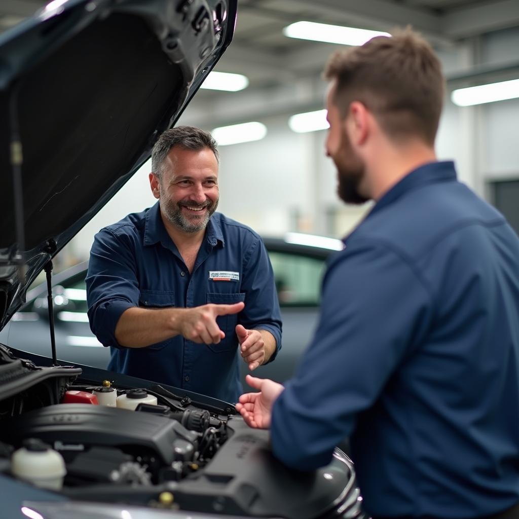 Mechanic discussing car repair with a customer