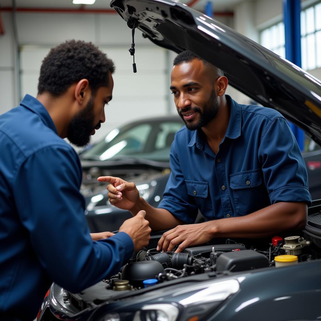 Mechanic Explaining Car Repair to Customer in Lagos