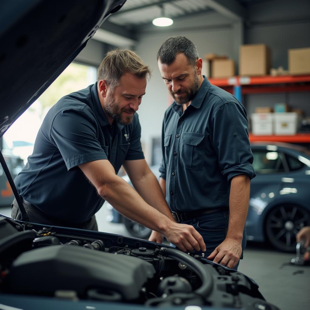 Mechanic explaining car repair to customer