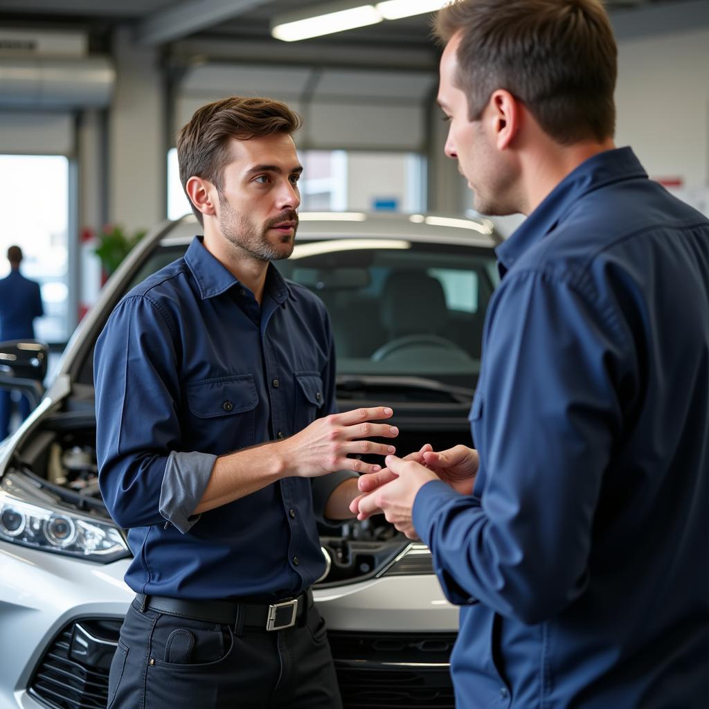 Mechanic explaining car repair details to a customer in a service center