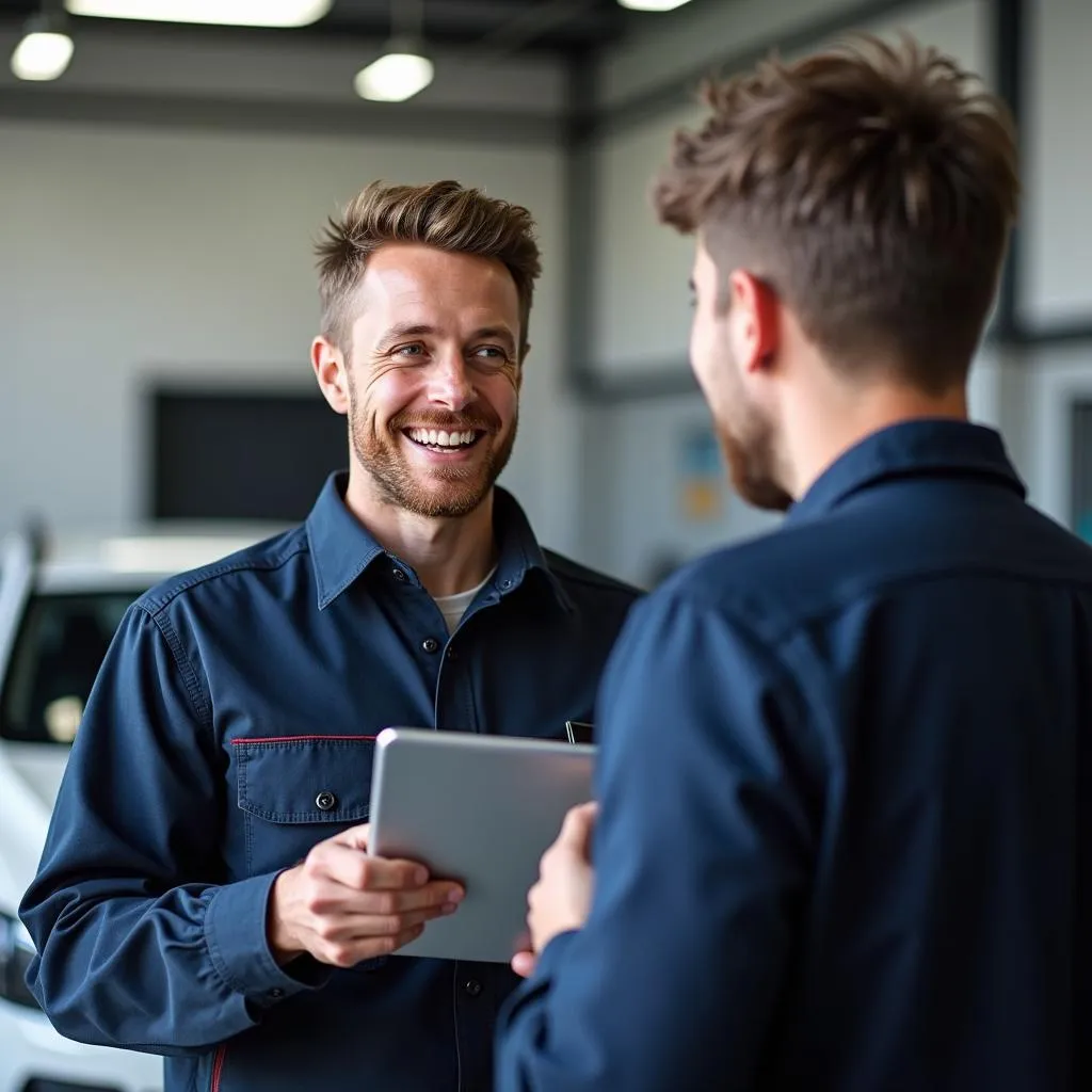 Mechanic explaining car repairs to a customer