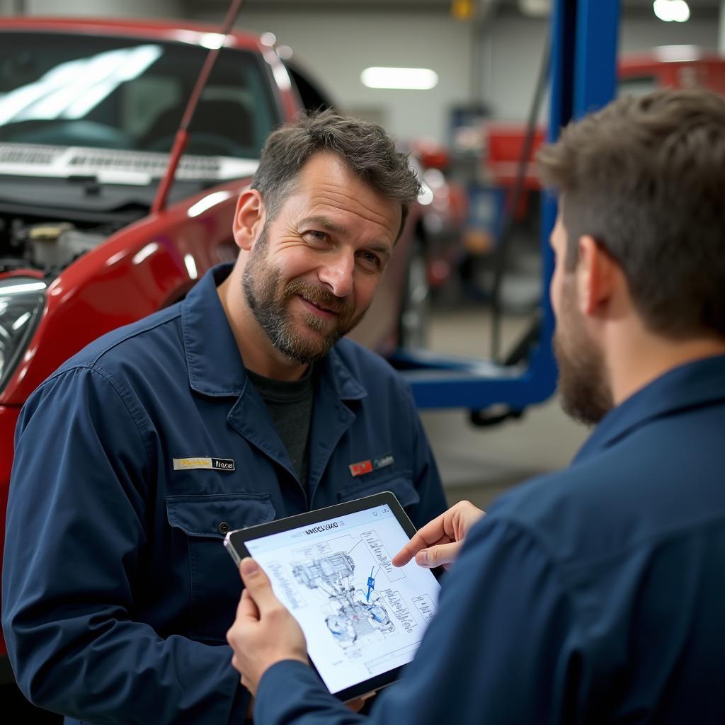 Mechanic explaining car repairs to a customer in Western New York