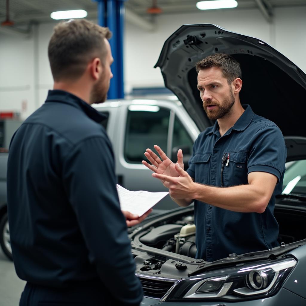 Mechanic explaining car repairs