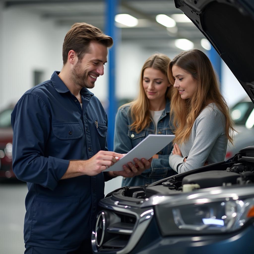 Mechanic explaining car repairs to parents