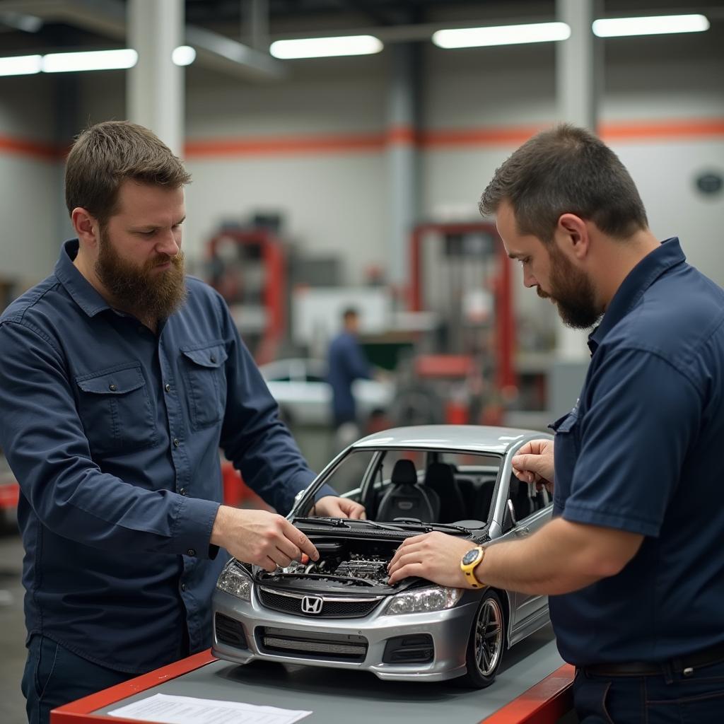 Mechanic explaining car repairs to a customer using a car model