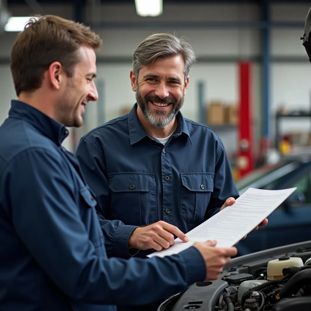 Mechanic discussing car repairs with a customer