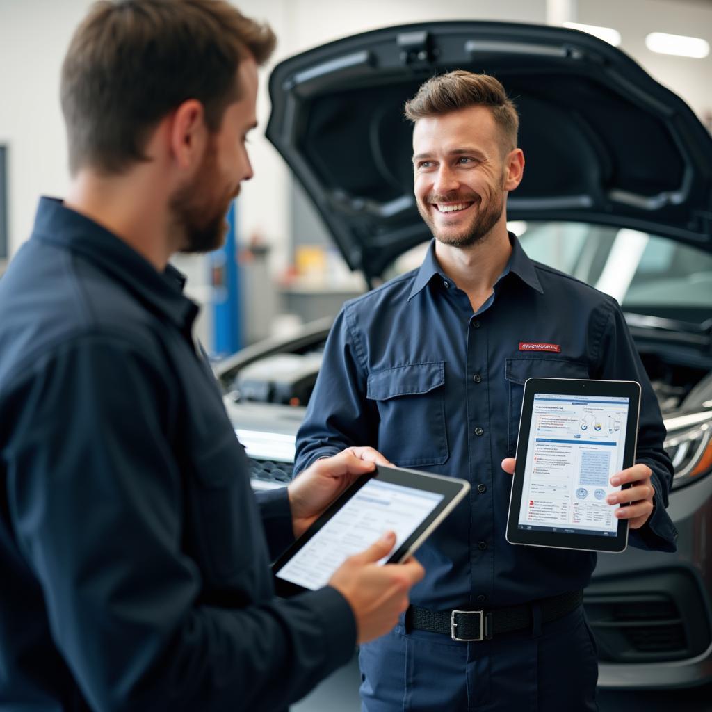 Mechanic Explaining Diagnosis to Customer