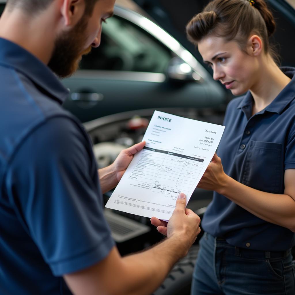 Mechanic Discussing Invoice with Customer