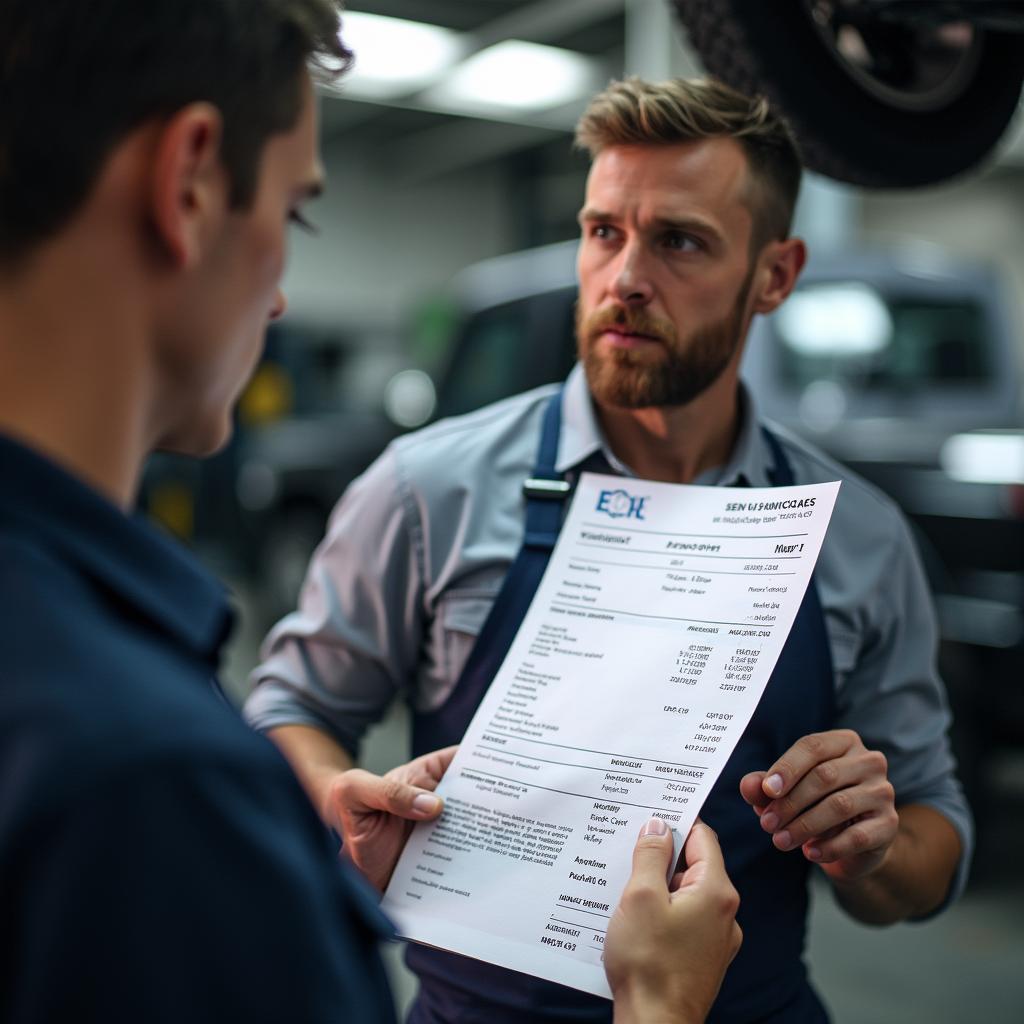 Mechanic Explaining Auto Service Invoice to Customer