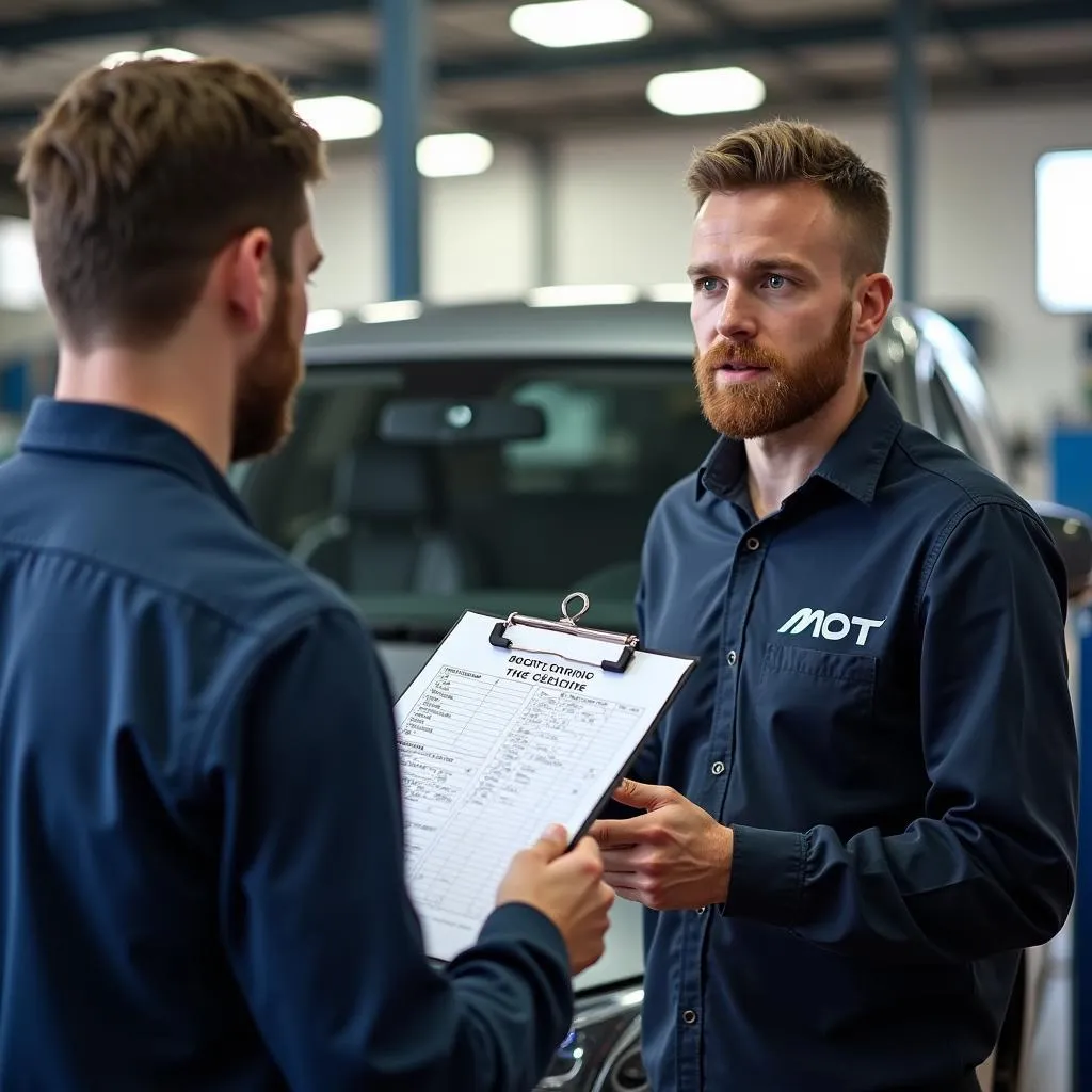 Mechanic Explaining MOT Results to Car Owner